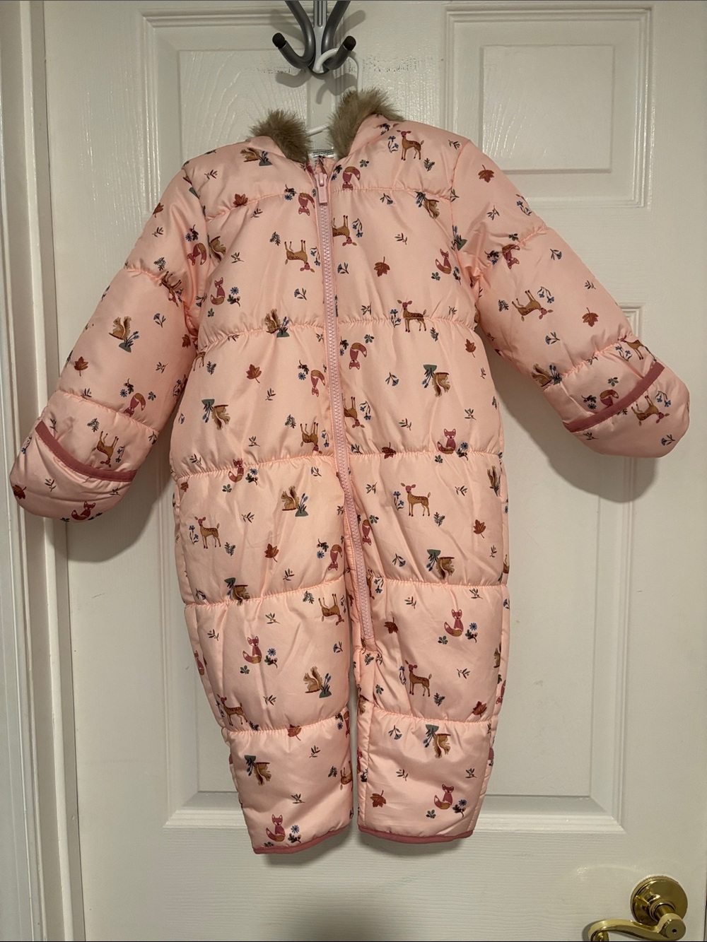 Pink Infant Winter Snowsuit with Deer & Fox Print